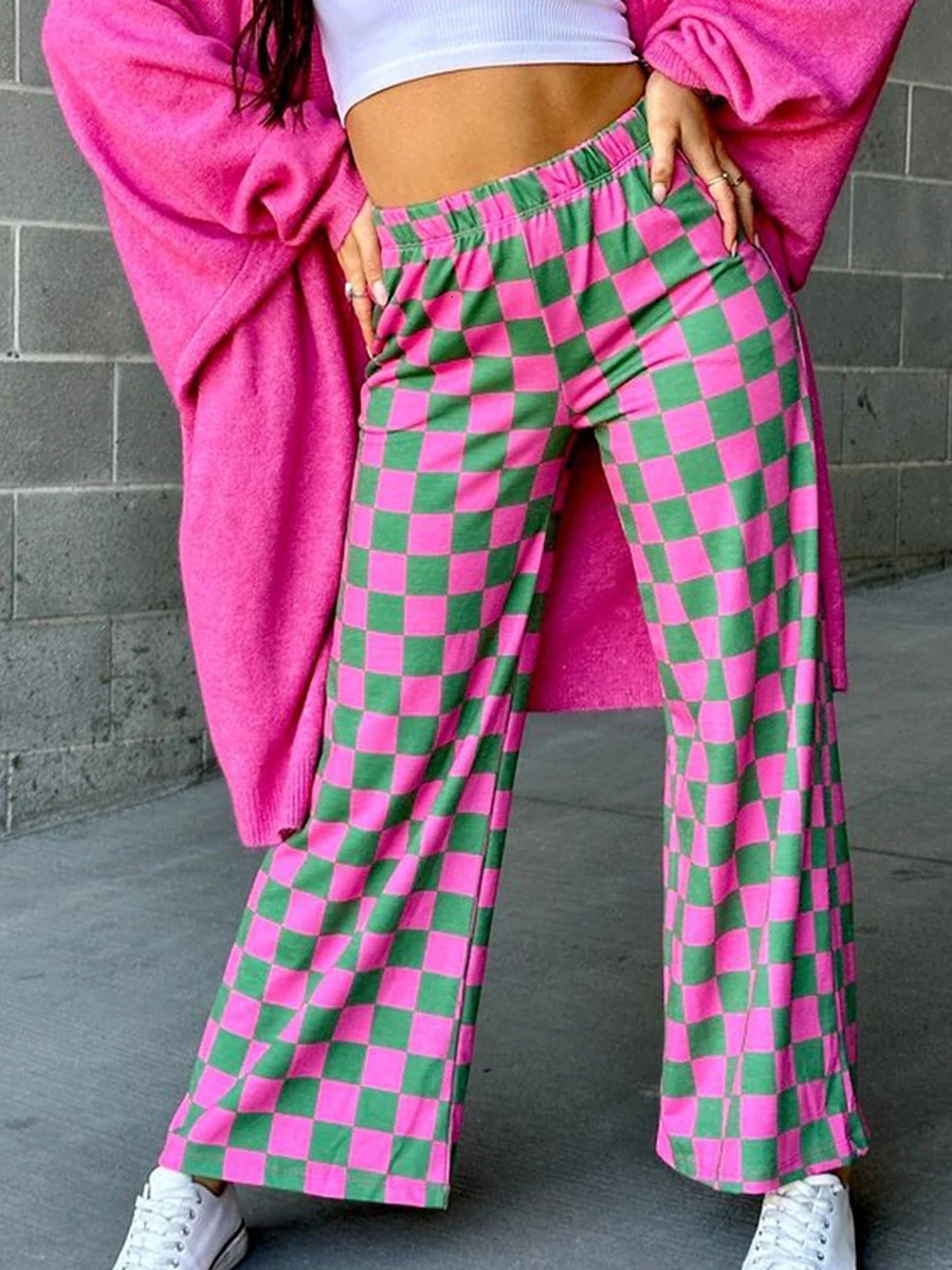 Womens Checkered Wide Leg Pants High Elastic Waisted Straight Loose Fitted LoungeTrouser Y2k Korean Streetwear 251016