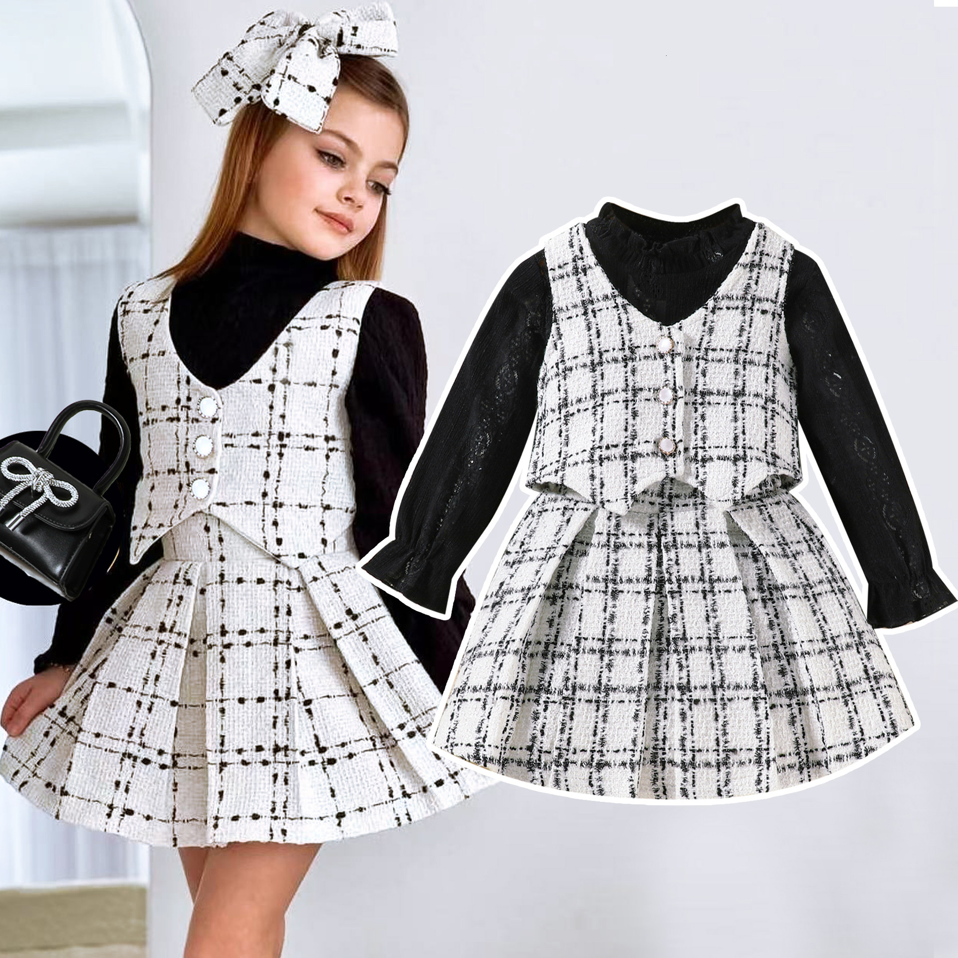European and American Spring and Autumn Girls' Set Designer Fashionable Suitable for Young Girls Solid Color Lace Inner Wear Tank Top Folded Skir