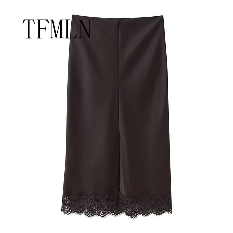 TFMLN Elegant Lace Splice Satin Half Skirt Womens Fashion Wrap Around Long High Quality Feel Style 251022