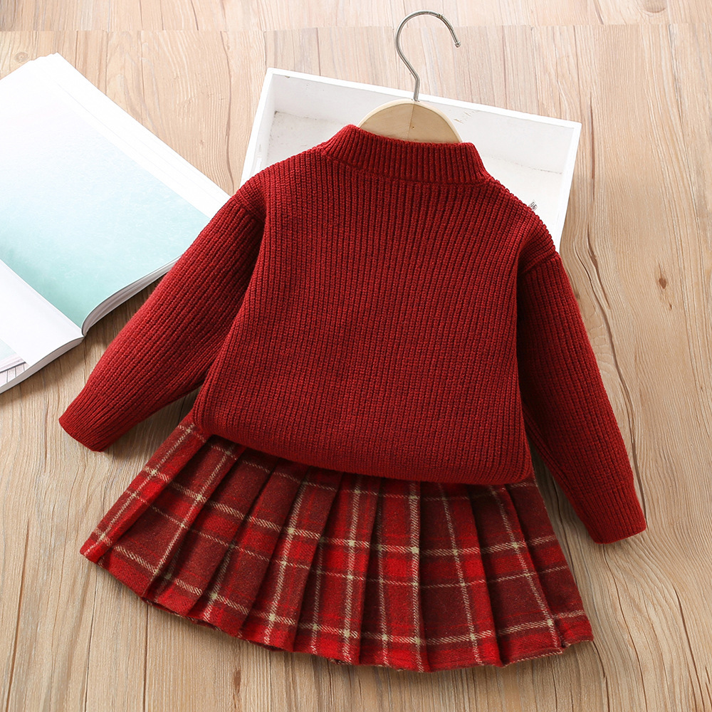 Girl's New Year Designer Fashion Sweater Set Autumn/Winter New Cute Cartoon Christmas Red Hoodie Knitted Sweater Checkered Short Skirt Two Piece 