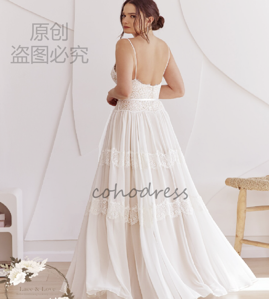 Spaghetti Straps Boho Beach Wedding Dress 2026 Chic Floor Lenght Lace Flowy Bohemian Bridal Dress Backless Elegant Civil Bride Dress Sexy Robe De Mari