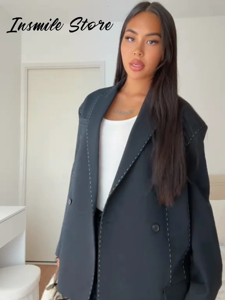 Chic Line Blazer Pants Set Women Lapel Full Sleeve Double Breasted Coat Pleated Wide Leg Pant Autumn Lady 2 Pieces Suit 251016