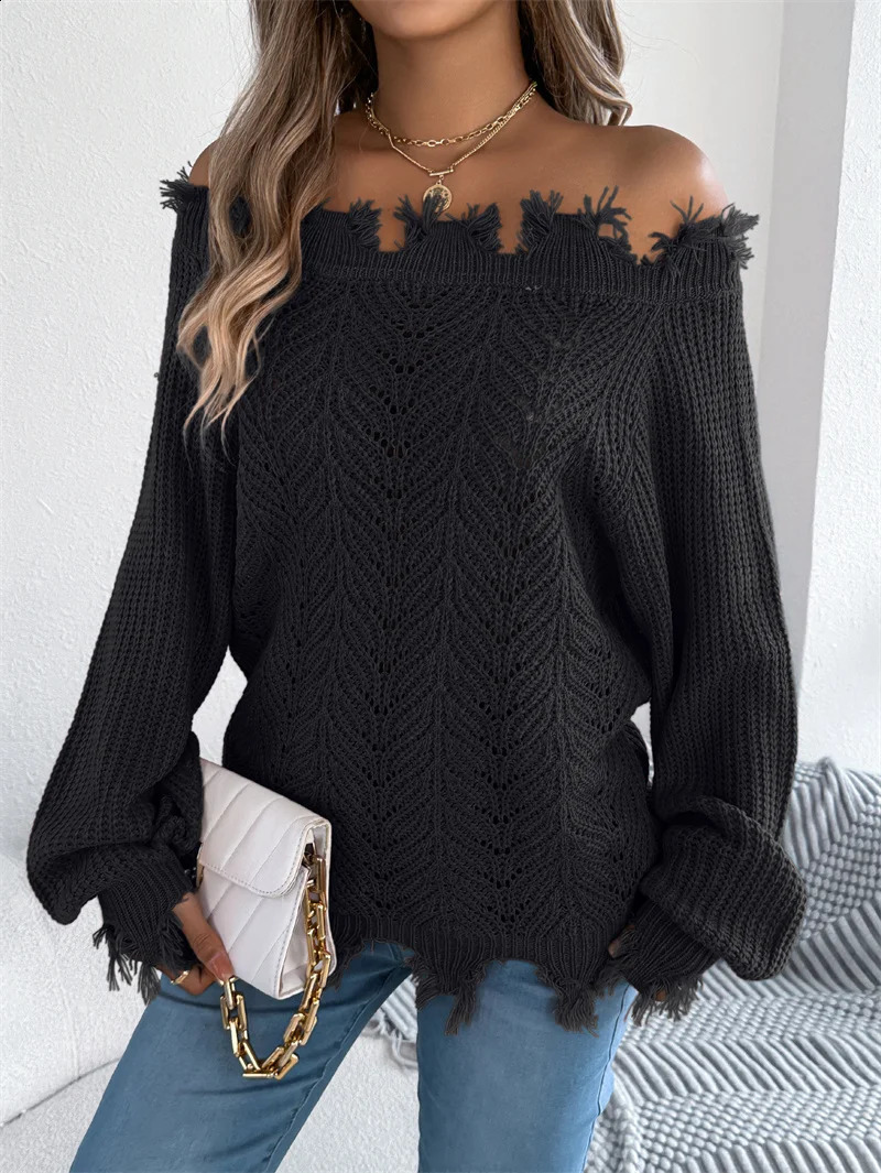 Autumn Winter Fashion off Shoulder Knitted Sweater Women Europe Casual Solid Hollow Pullovers Lady Sexy Long Sleeve Jumpers 251023