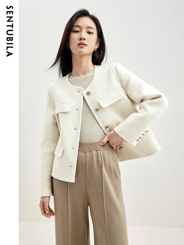 SENTUBILA Cropped Woolen Jacket Women Elegant Wool Blend Short Winter Coat Long Sleeve Doublefaced Outerwear W34O49414 251020