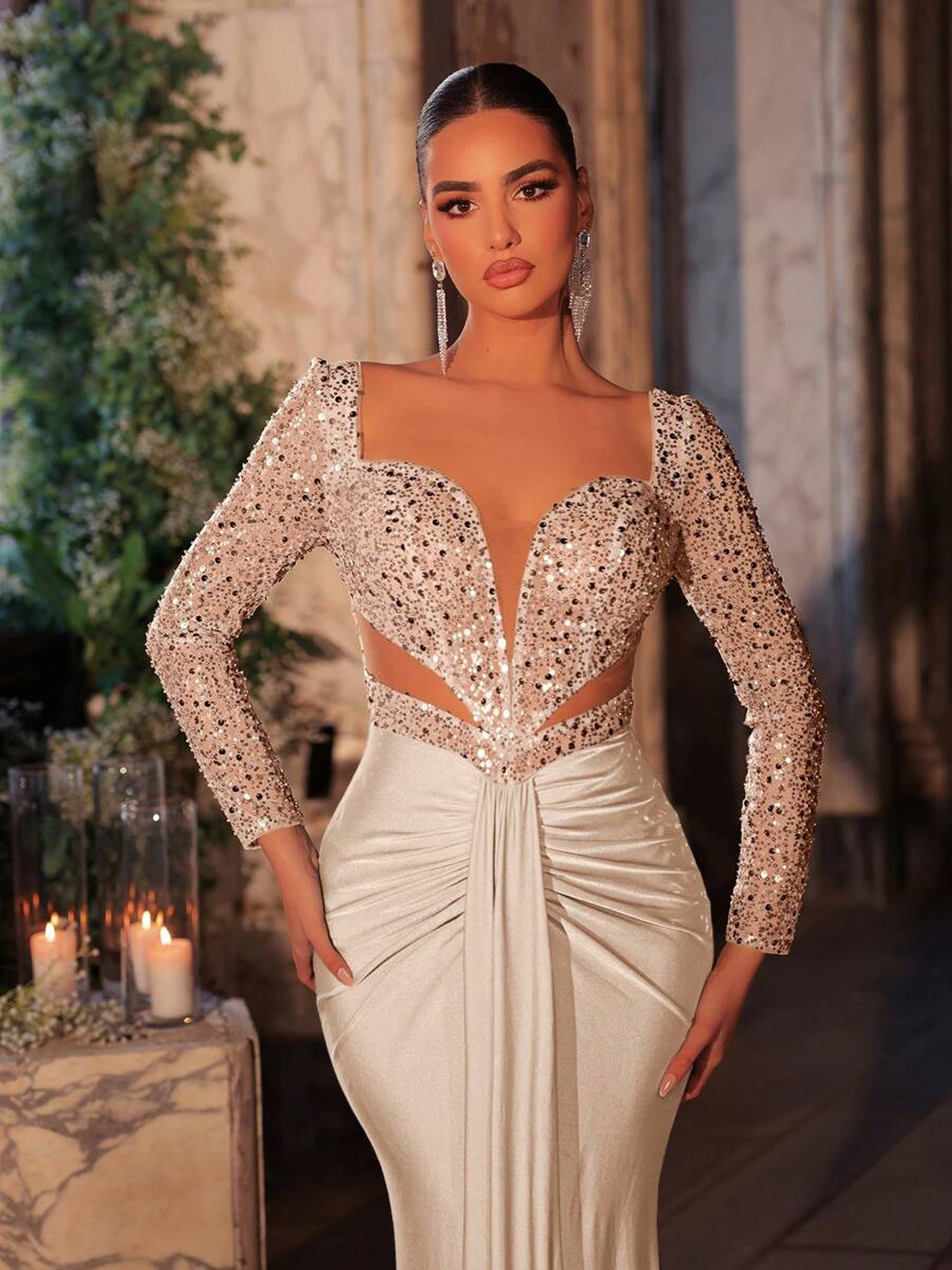 Women's Mememe Brand Sequin Mermaid Evening Dress, Luxurious Sexy Cutout Long Sleeve Formal Gown (S-XL, Green/Black/Apricot)-D351