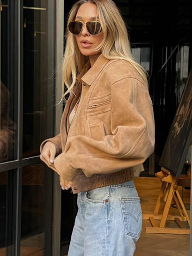 FSMG Vintage Solid Suede Lapel Jacket For Women Casual Long Sleeve Pocket Zipper Short Coat Lady High Street Motorcycle Outwears 251018