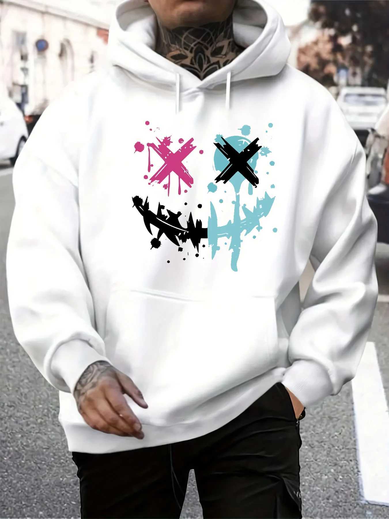 Mens autumn and winter casual fashionable loose hoodie with smiling face pattern printed long sleeved warm pullover sweaterT251023