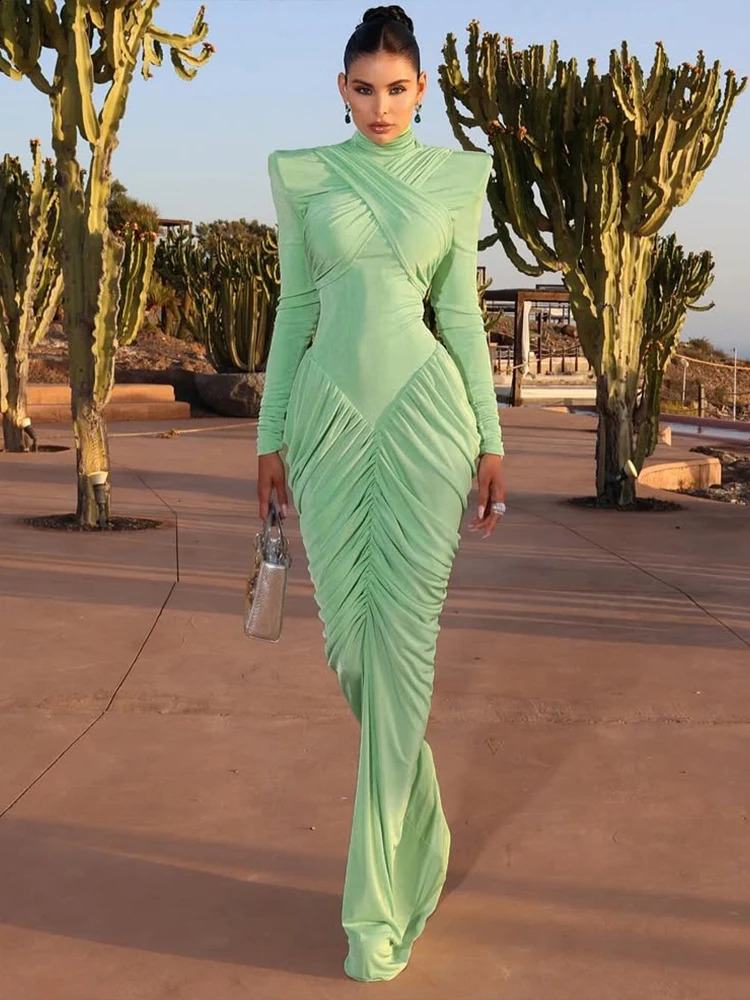 Weird Puss Autumn Style Maxi Dress Women Turtleneck Full Sleeve Backless Skinny Stretch Prom Party Ruched Elegant Vestidos 251022