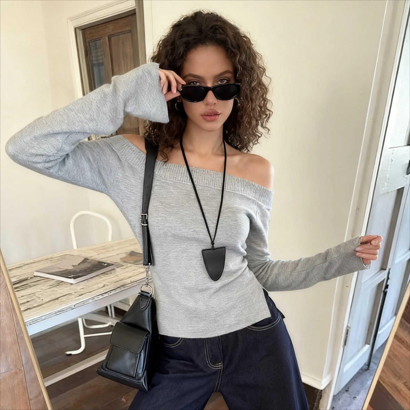 Womens Y2K Off Shoulder Ribbed Knit Top Soft Stretchy Fabric Flare Sleeve Slim Fit Trendy Multi Color Sweater 251023