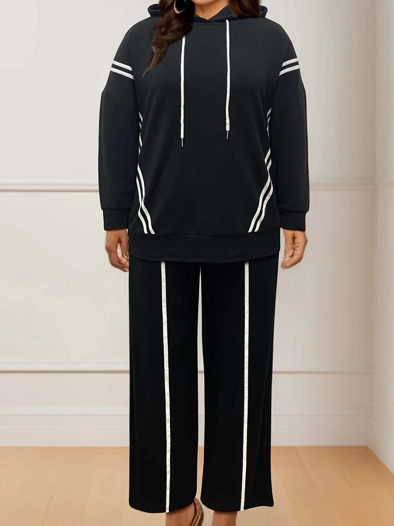 Two Piece Set of Casual Sports Striped Drawstring Hooded Long Sleeved Sweatshirt and Straight Leg Pants 251022