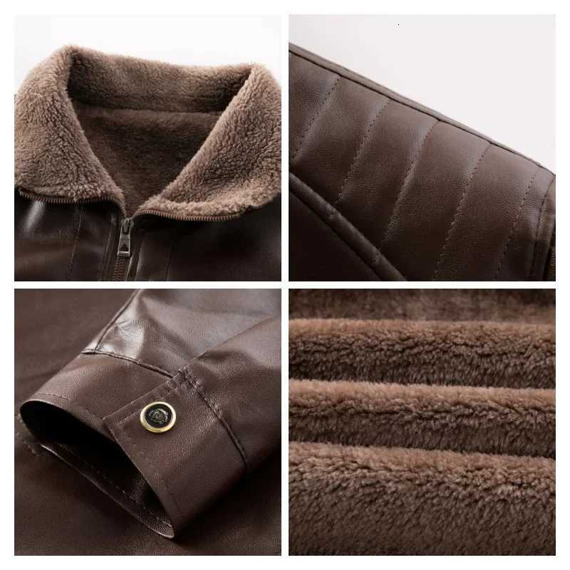 Mens Autumn and Winter Long Sleeved Leather Jacket with Fleece Collar for Warmth and Fashion Leather Jacket Men W251023
