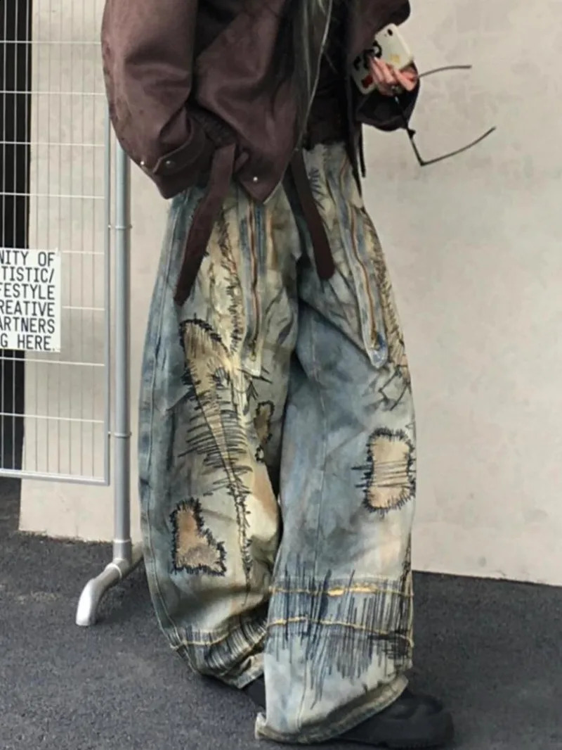 American Street Destruction Style Embroidered Denim Pants Oversized Retro Wash Personality Fashion Loose Casual Wide Leg Jeans 251022