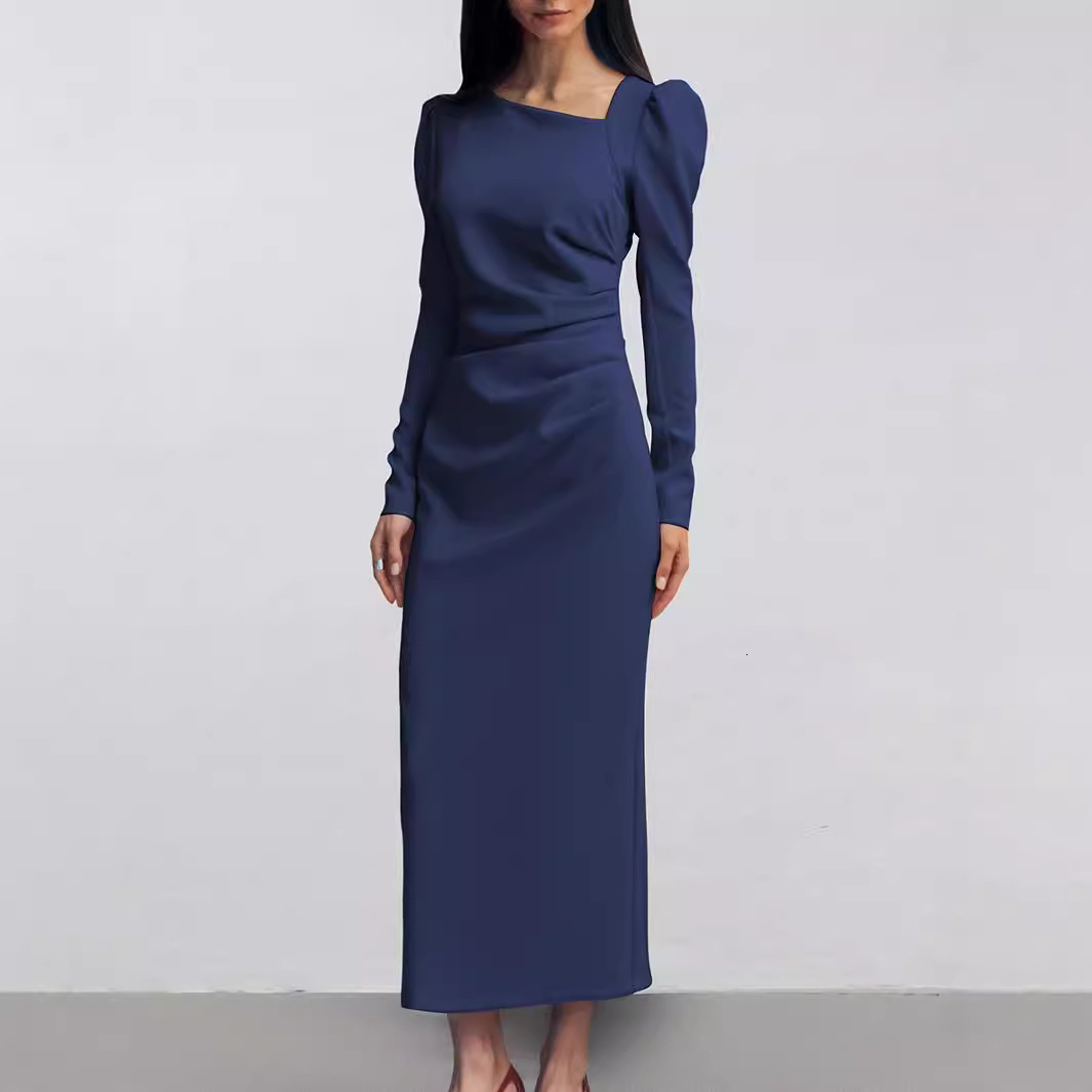 Designer's autumn new casual elegant irregular collar fluffy sleeves slim fit split dress khaki long skirt