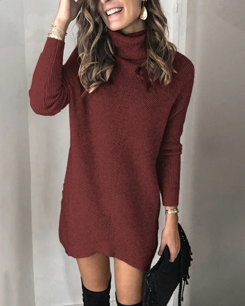 autumn knitted sweater twolap hollow pullover dress for women 251022