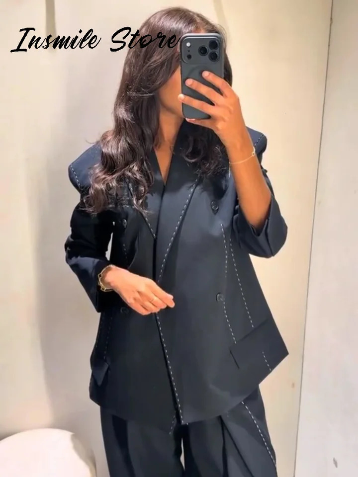 Chic Line Blazer Pants Set Women Lapel Full Sleeve Double Breasted Coat Pleated Wide Leg Pant Autumn Lady 2 Pieces Suit 251016