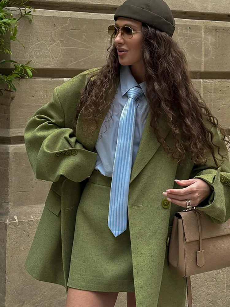 Elegant Green Lapel Suits Skirts Sets Women Loose Double Breasted Long Sleeve Jacket Short Skirt Autumn Lady Suit Coats 251022