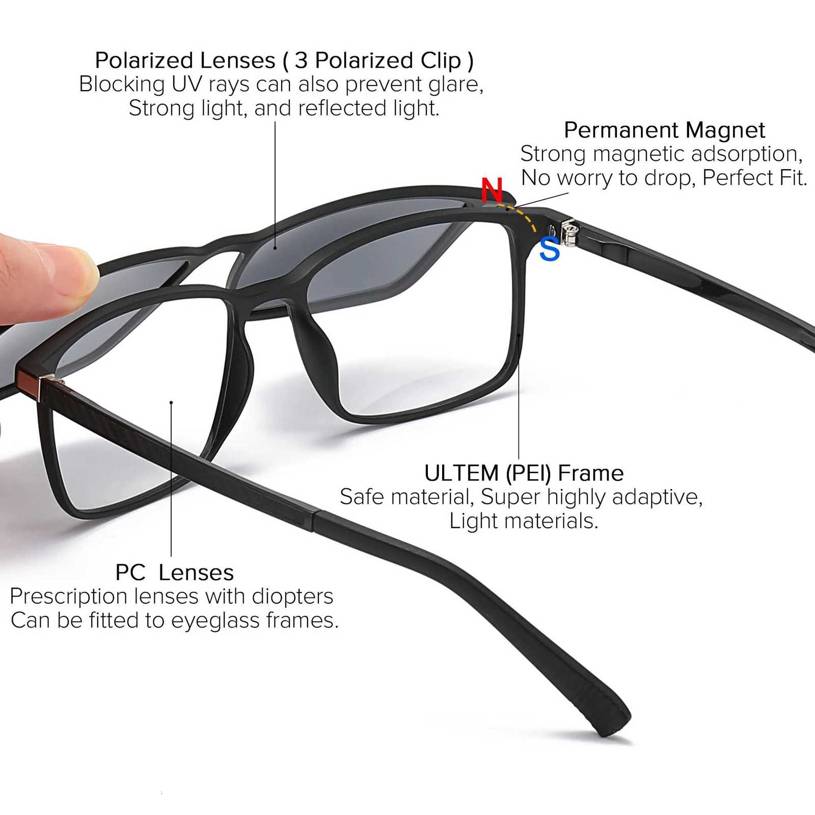 2 in 1 Magnet Clip on Sunglasses Men Polarized UV400 Prescription Sun Glasses For Men Driving Optical Myopia Glasses RectangleW251023