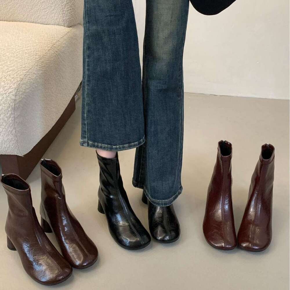 Explosive Pattern Round Toe Chunky Heel Slim for Women 2025 Autumn Winter Korean Designer Shoe Style Versatile Commuter Ankle Boots