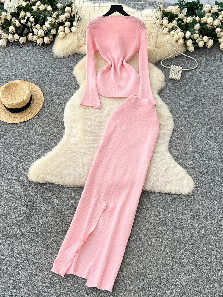 SINGREINY 3D Floral Knitted Two Piece Sets Autumn Women Long Sleeve Basic Warm TopSplit Skirt Winter Slim Party Suits 251022