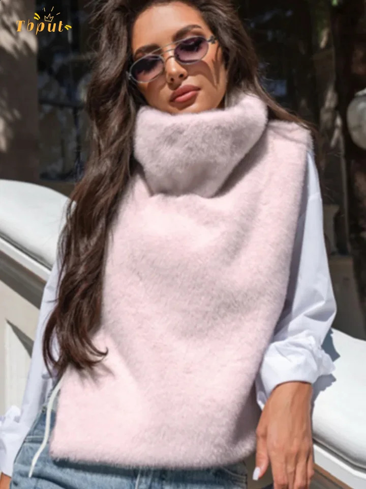 Women Solid Thickened Fur Jackets Fashion Pink High Neck Sleeveless Loose Short Coat Autumn Chic High Street Lady Outerwear 251013