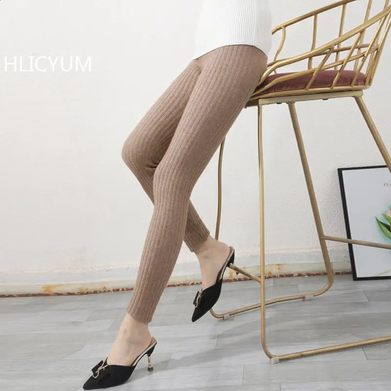 Cashmere Slim Leggings Women High Waist Casual Trousers Knitted Ribbed Thicken Solid Elasticity Thermal AnkleLength Leggins 251022