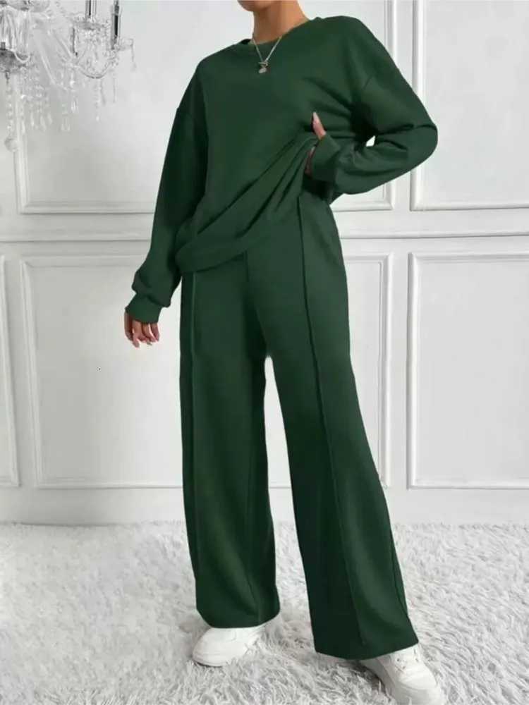 Twopiece Set For Woman Casual Oneck Long Sleeves Sweatshirt Wideleg Pants Suits Autumn Winter Ladies Fashion Office OutfitT251022