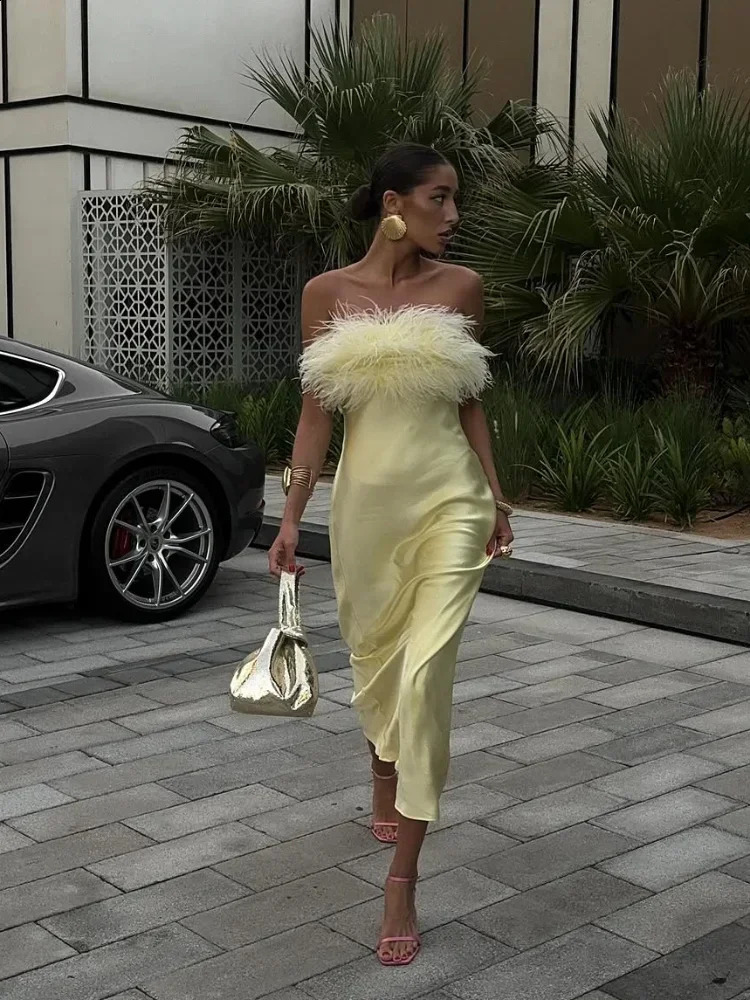 Womens Feather Strapless Dress Fashionable Sleeveless Backless Satin High Waisted Dresses Party Banquet Womens Gown 251020