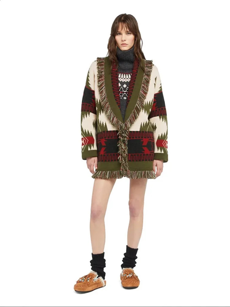 Womens Boho Print Knit Cardigan Top Fringe Trim Belted Long Sleeve Sweater Laceup Coat High Street Outerwear Outfit 251020 - view 7