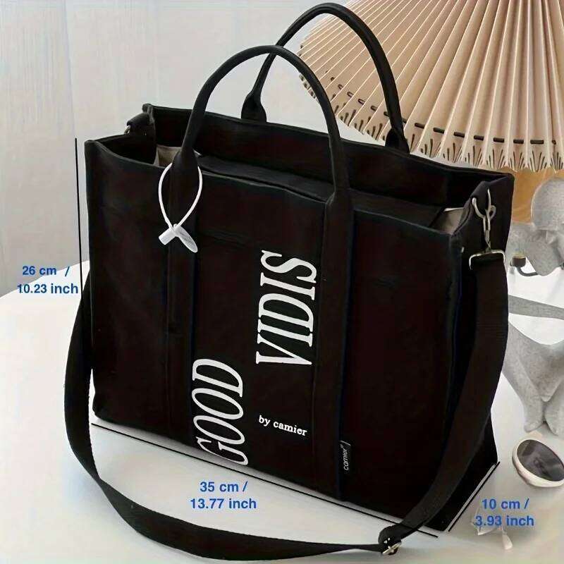 Letter Print Canvas Tote Comfortable Wide Strap Shoulder Bag, Literary Versatile Handbag Purse For School, Travel, Shopping