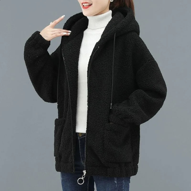 Women Hooded Coat Chic Fleece Thick Solid Color Pockets Long Sleeves Loose Warm Plush Zipper Cardigan Outdoor Autumn Winter 251022