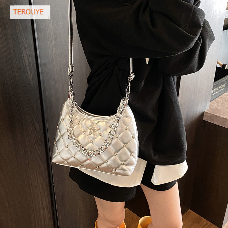 French niche style quilted chain diamond inlaid handbag autumn and winter new trend fashionable women's shoulder bag elegant luxury designer bag
