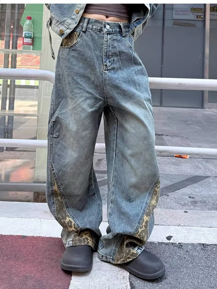 2025 American Retro Y2K Style Leopard Patchwork Baggy Jeans Pants For Men Clothing Straight Harajuku Denim Trousers Moda Hombre 251018