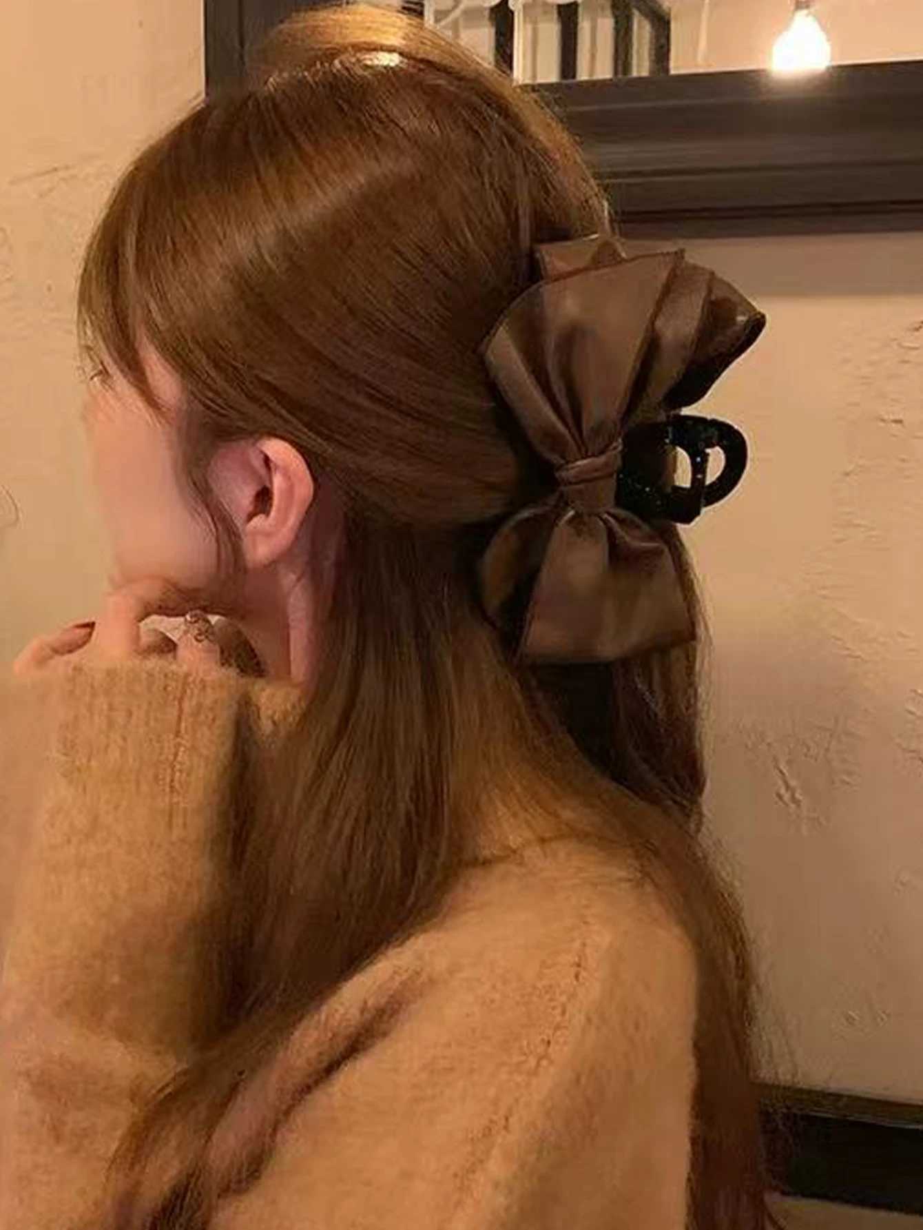 1 Pcs Black Leather Cotton Stuffing Bow Cl ClipLarge J Clips for Thick HairNoslip Fashion Winter Hair Accory for Girls Y251023
