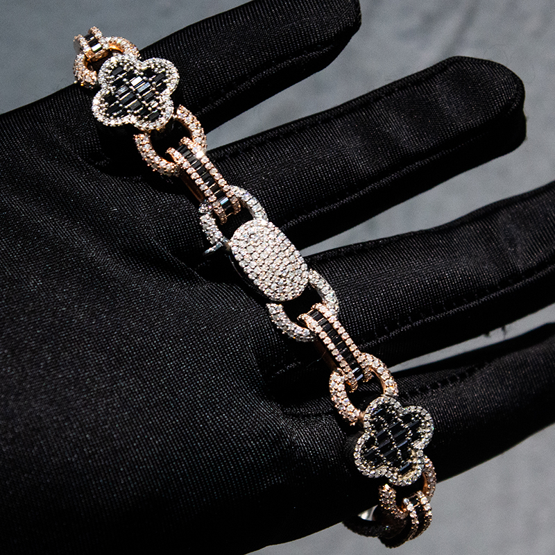 Hip Hop Iced Out Jewelry 925 Sterling Silver Vvs Black Moissanite Rose Gold Plated Clover Leaf Link Bracelet - view 4