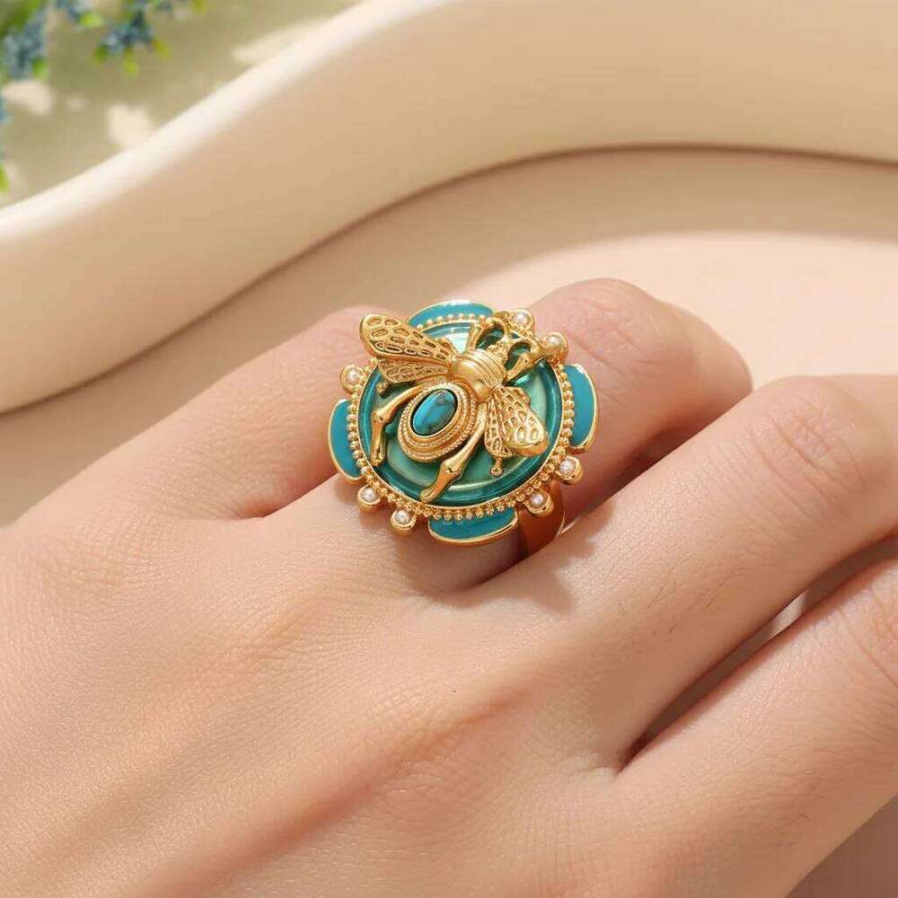 Elegant Gold Plated Bee Charm Jewelry Set - Teal Enamel Ring, Pendant Necklace & Stud Earrings For Women