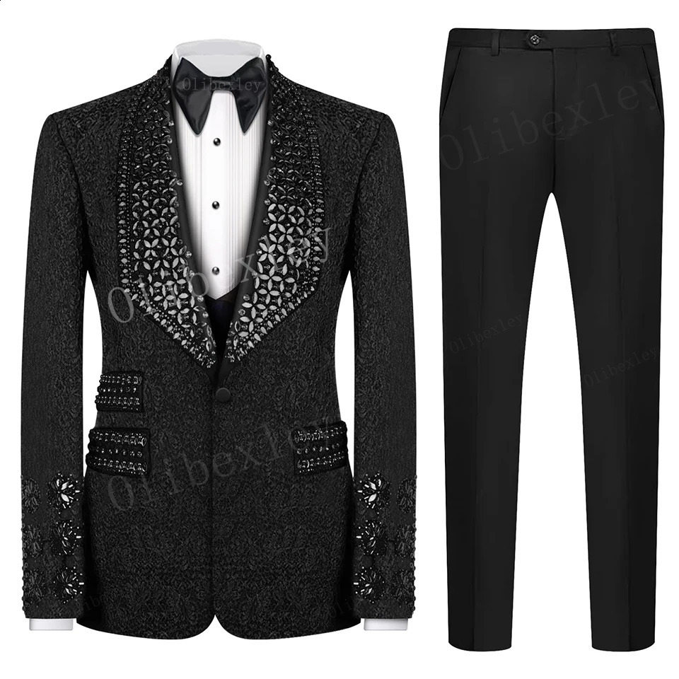 B13 Navy Blue Men Suits Set 2 Piece Blazer Pants y Crystals Groom Wedding Tuxedo Single Breasted Custom Made Prom 251023