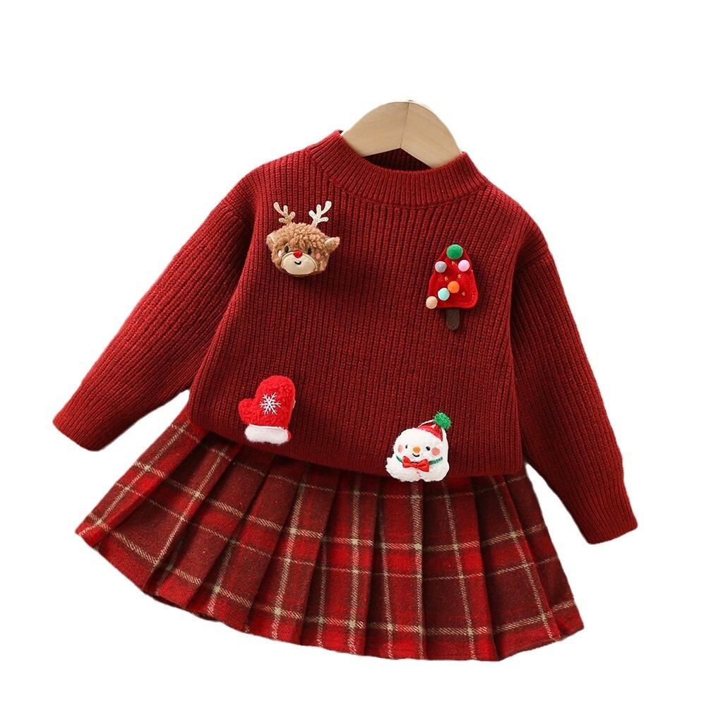 Girl's New Year Designer Fashion Sweater Set Autumn/Winter New Cute Cartoon Christmas Red Hoodie Knitted Sweater Checkered Short Skirt Two Piece 
