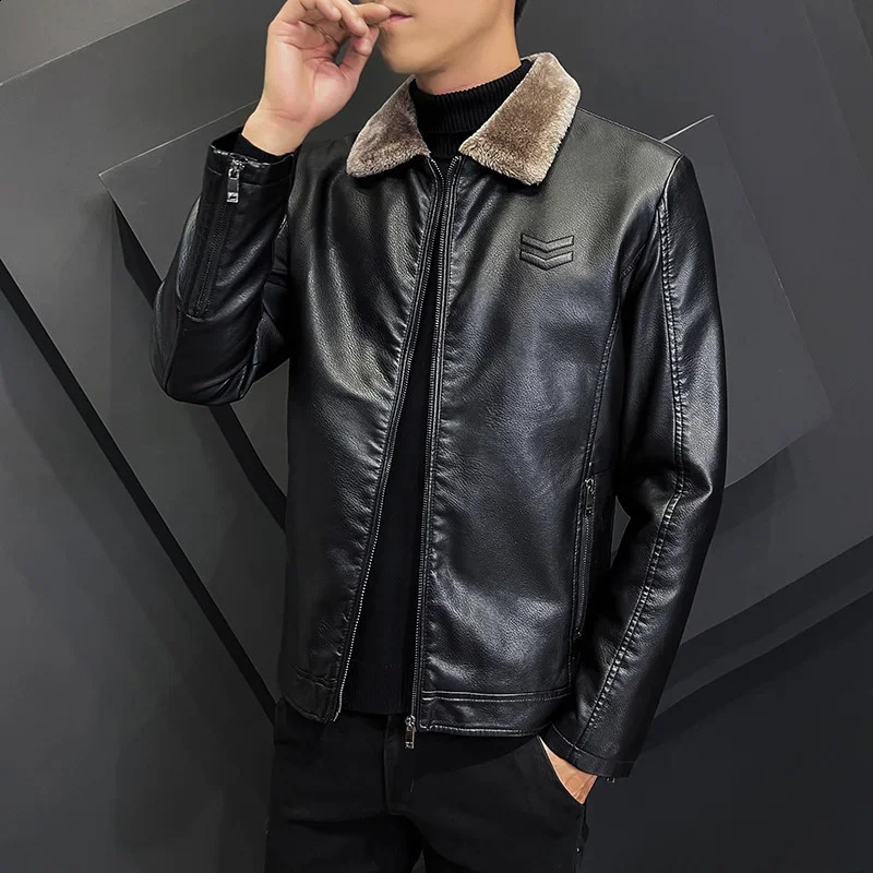 Winter Fashion Warmth Thickened Leather Jacket Lapel Solid Zipper n Plus Size Mens Bomber Fleece Coat 251023