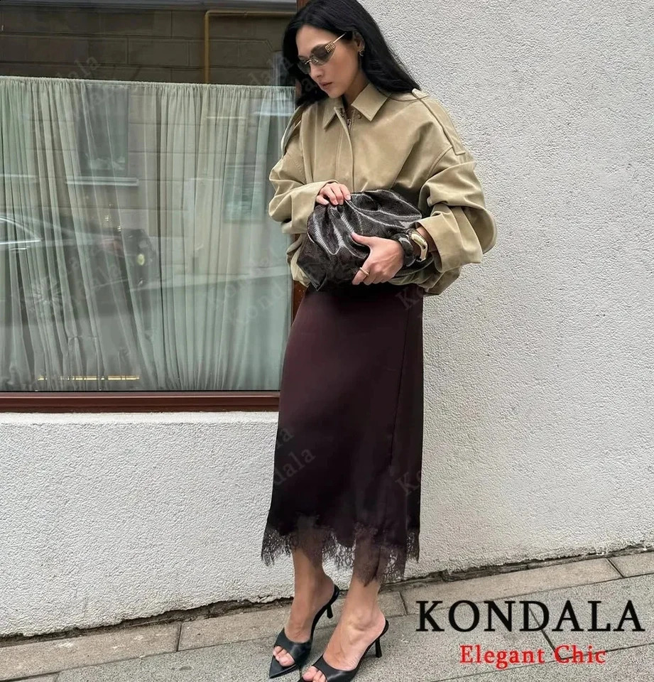 KONDALA Satin Lace Midi Skirt Womens Elegant y Dinner Dating Hem Autumn Fashion Party Ladies Brown 251022