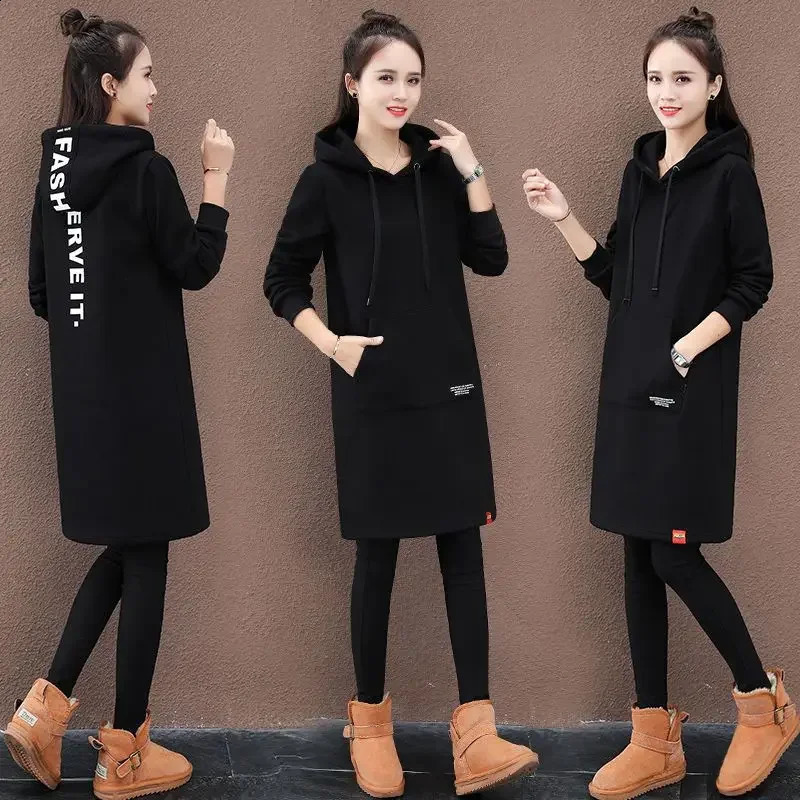 Womens Thickened Fleece Hoodie Loose Long Sleeve KneeLength Dress Polyester Fiber Winter Fashion Outerwear Casual Streetwear 251022