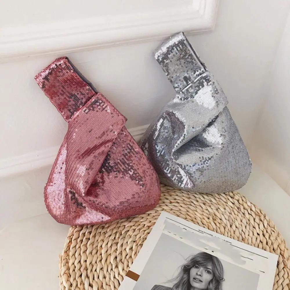 Solid Color Knot Wrist Bag Casual Korean Style Glitter Tote Bucket Year Gift Sequin Handbag Ladies 251018