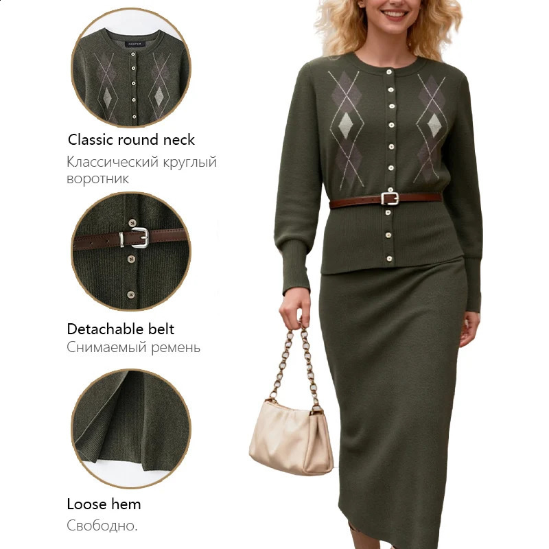 Womens Elegant Olive Green Knit Two Piece Set Argyle Cardigan with Belt Midi Skirt for Chic Autumn Winter Style 251022