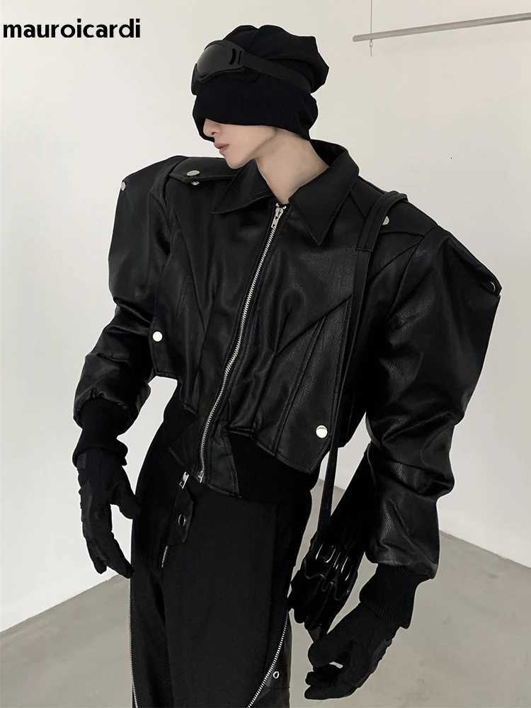 Mauroicardi Spring Autumn Cool Handsome Short Oversized Black Pu Leather Jacket Men with Shoulder Pads Long Sleeve Zipper 2023 W251023