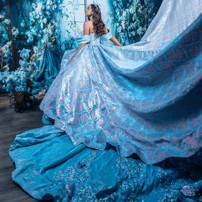 Blue Shiny Quinceanera Dresses offthe shoulder Beading Crystal Sequin Applique Lace glitter decal vestidos de 15 anos sweet 16 dress