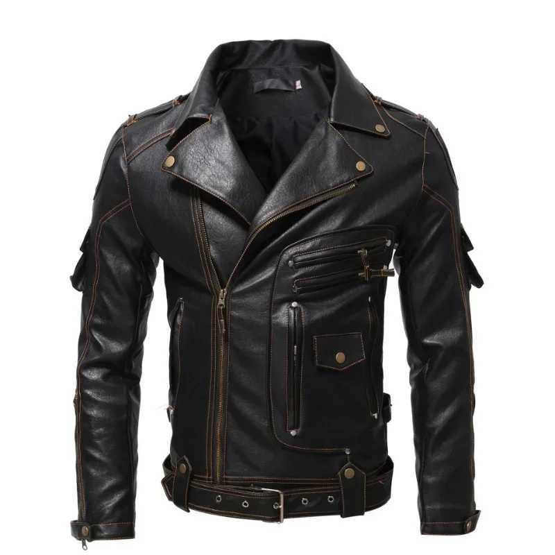 Vintage Ghost Rider Motorcycle Multizip Jacket Lapel Pu Parka Plus Size Fat Singer Show Leather Man W251023