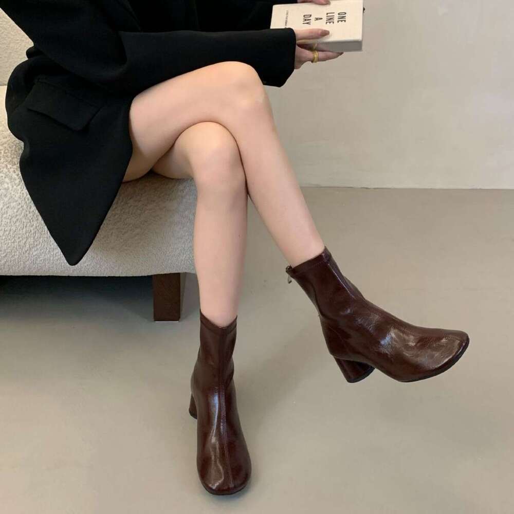 Explosive Pattern Round Toe Chunky Heel Slim for Women 2025 Autumn Winter Korean Designer Shoe Style Versatile Commuter Ankle Boots