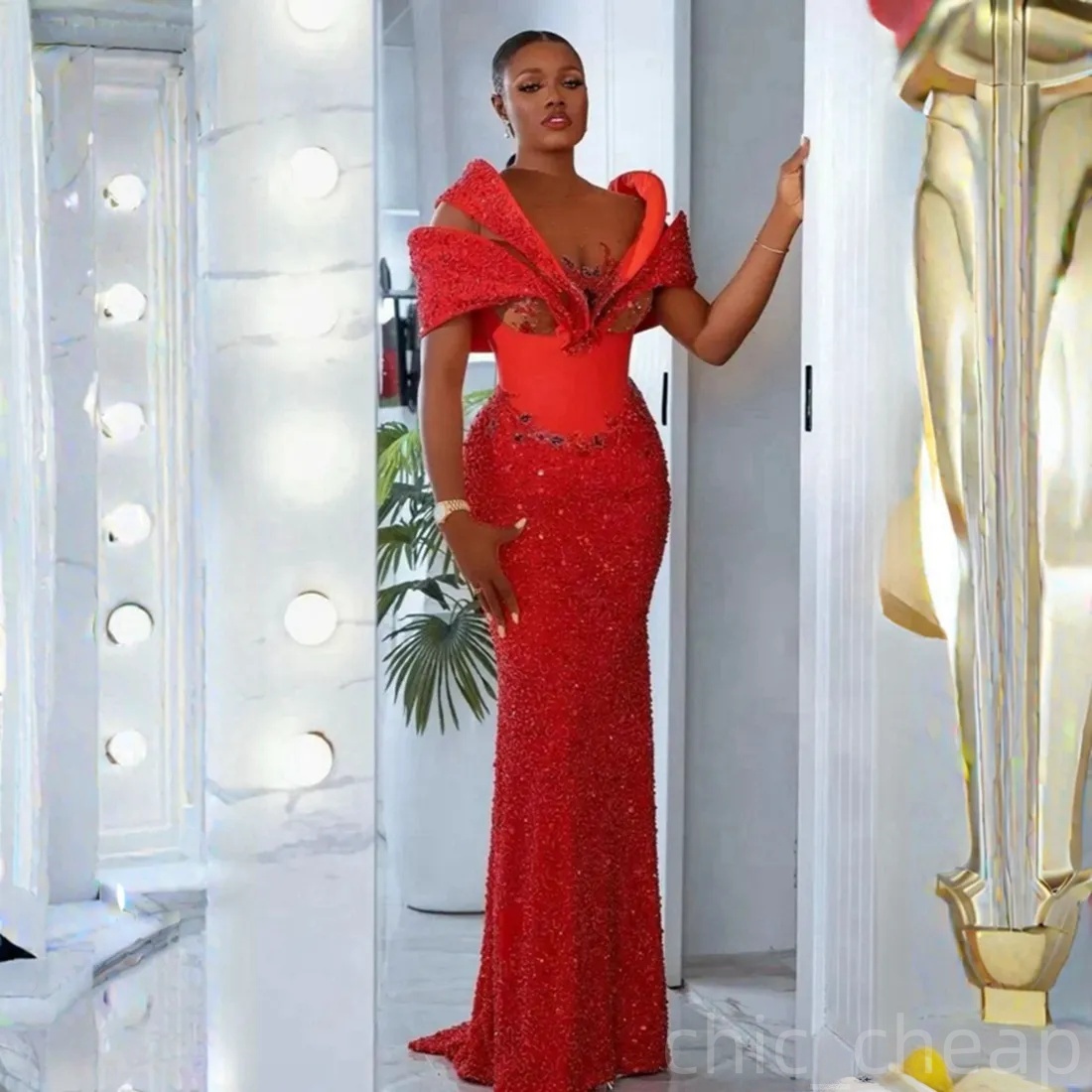 2025 Red Plus Size Aso Ebi Prom Dress Sheer Neck Lace Crystals Evening Gowns Illusion Mermaid Formal Dress Birthday Party Dress Second Reception Dress