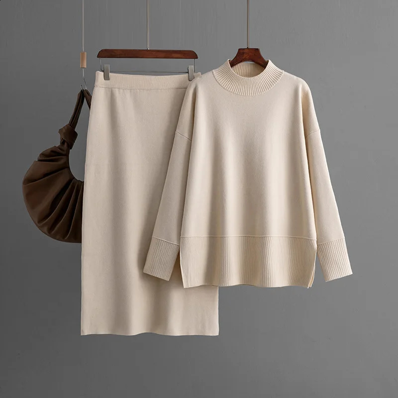 Korean Solid Knitted 2 Piece Sets Women Oneck Long Sleeve Knitwears Sweater Pullover Tops Conjuntos Casual Split Skirts Outfit 251022