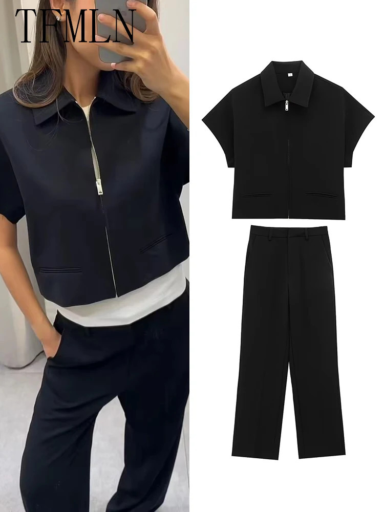 TFMLN Fashion Set For Women Summer Slim Lapel Zipper Short Sleeve Coat Top Wide Leg Pants Two Piece Set Leisure Black 251016