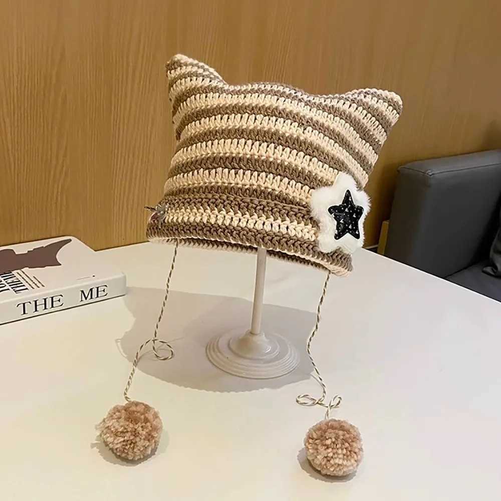 Y2K Beanie Hat Cute Striped Star Devil Hat Devil Ear Cat Ear Hat Knitted Wool Cap Autumn Winter Womens Hat Ear Pointed PulloverXJ251023